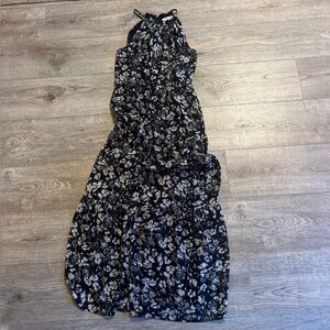 Full length size small spaghetti strap blue flowered dress